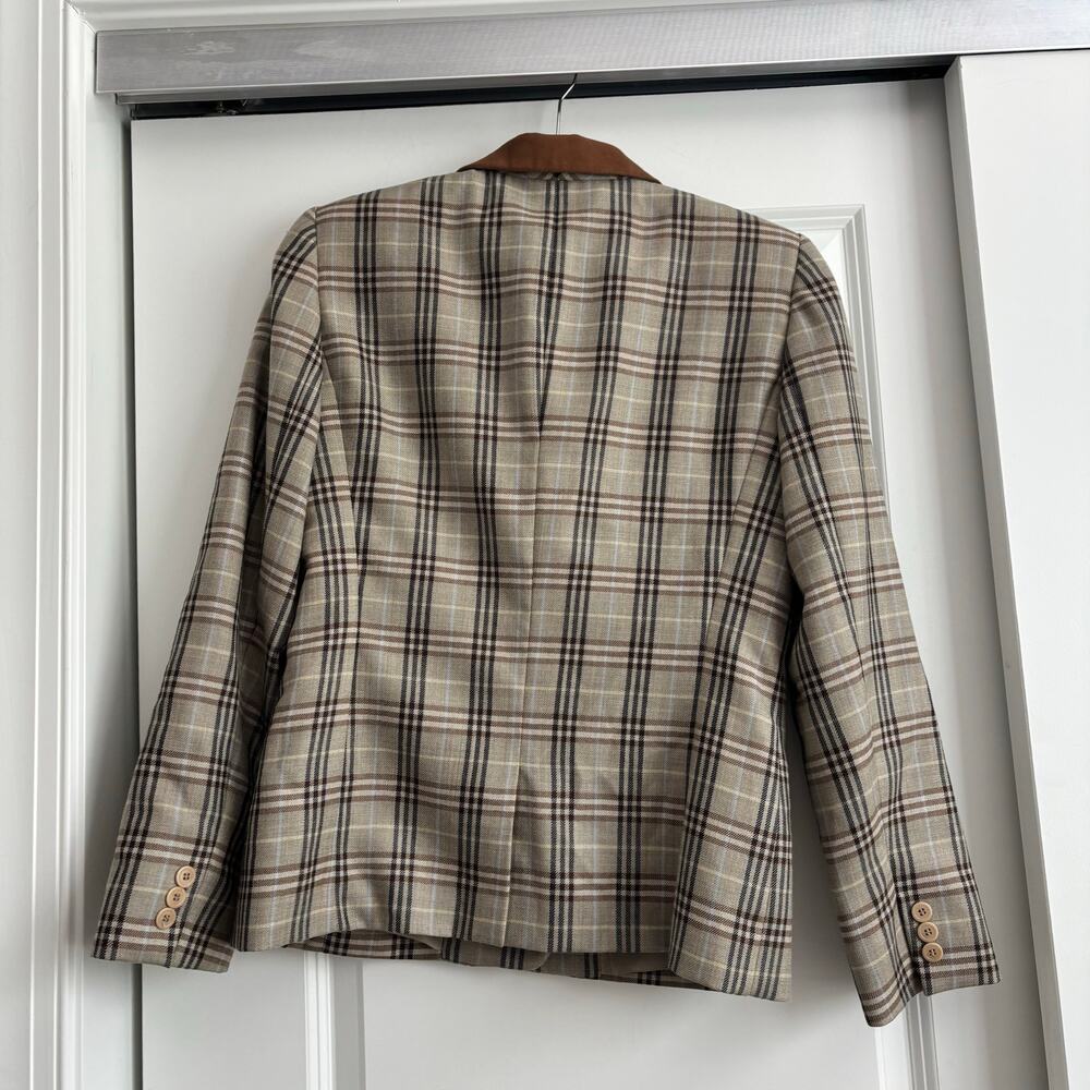 Vintage Liz Claiborne Classic Wool Plaid Tweed Suede Collar Jacket 4 Academic - Picture 3 of 10